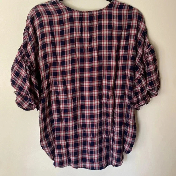 Max Studio Plaid Checkered Ruffle Flutter Sleeve Wrap Top Navy Red Size L - Picture 9 of 11